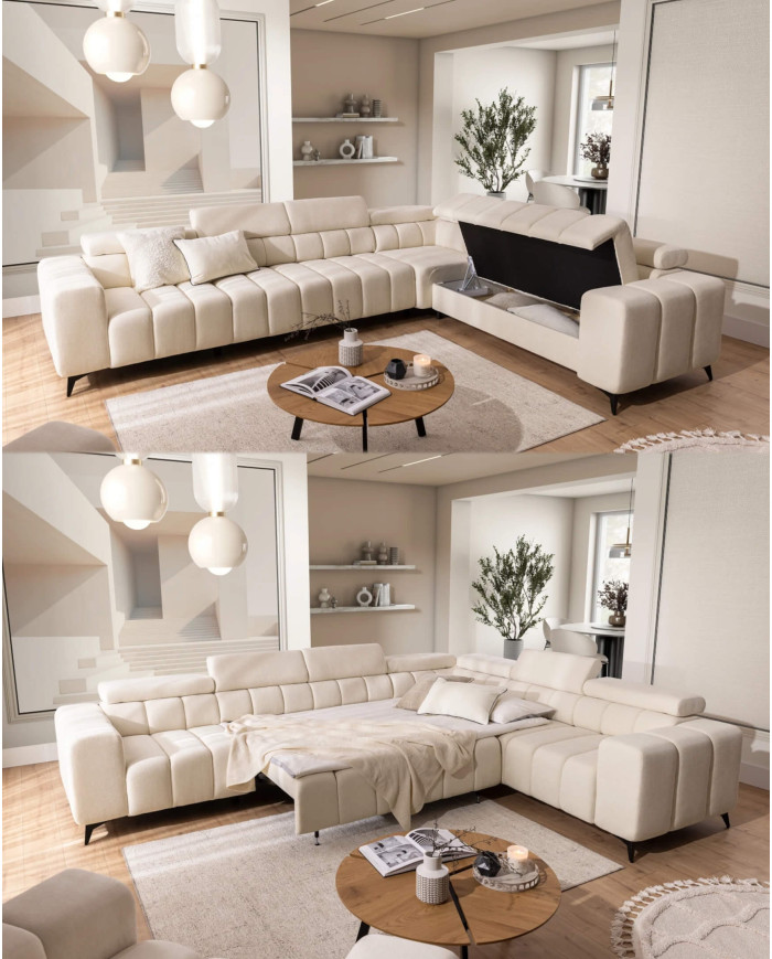 Narożnik Ragusso XL, 1B+3F+R+3SB, funkcja spania, pojemnik, regulowane zagłówki, Stagra