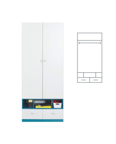 Szafa Mobi MO2, dwudrzwiowa z szufladami i regałem, Biały lux/ Turkus, MEBLAR