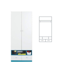 Szafa Mobi MO2, dwudrzwiowa z szufladami i regałem, Biały lux/ Turkus, MEBLAR