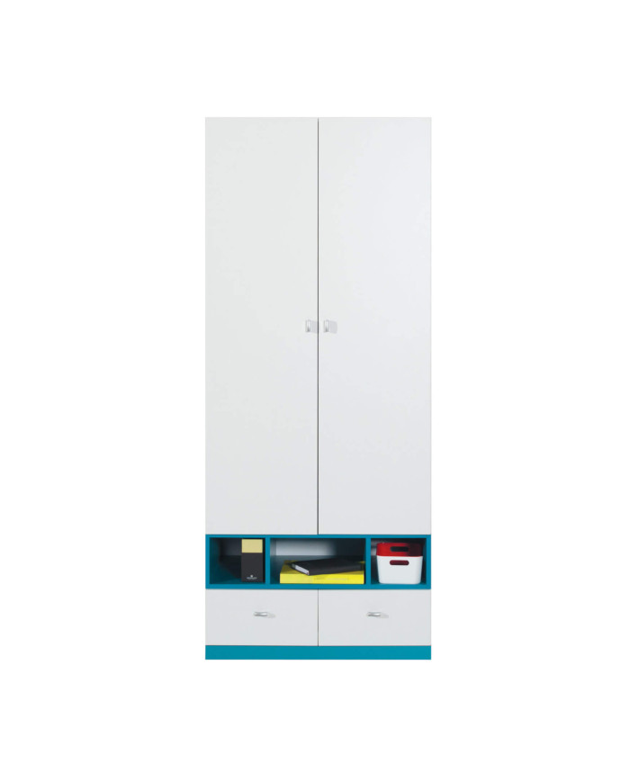 Szafa Mobi MO2, dwudrzwiowa z szufladami i regałem, Biały lux/ Turkus, MEBLAR