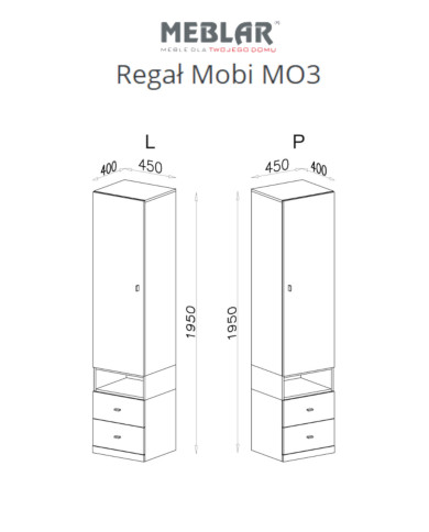 Regał Mobi MO3 z drzwiami, wnęką i szufladami, Biały lux/ Turkus, MEBLAR