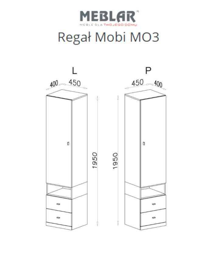 Regał Mobi MO3 z drzwiami, wnęką i szufladami, Biały lux/ Turkus, MEBLAR