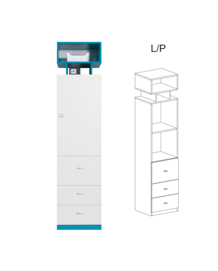 Regał Mobi MO4 z drzwiami, szufladami i półką regałową, Biały lux/ Turkus, MEBLAR