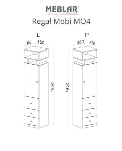Regał Mobi MO4 z drzwiami, szufladami i półką regałową, Biały lux/ Turkus, MEBLAR