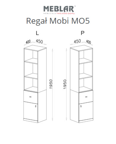 Regał Mobi MO5 z drzwiami, szufladą i półkami, Biały lux/ Turkus, MEBLAR