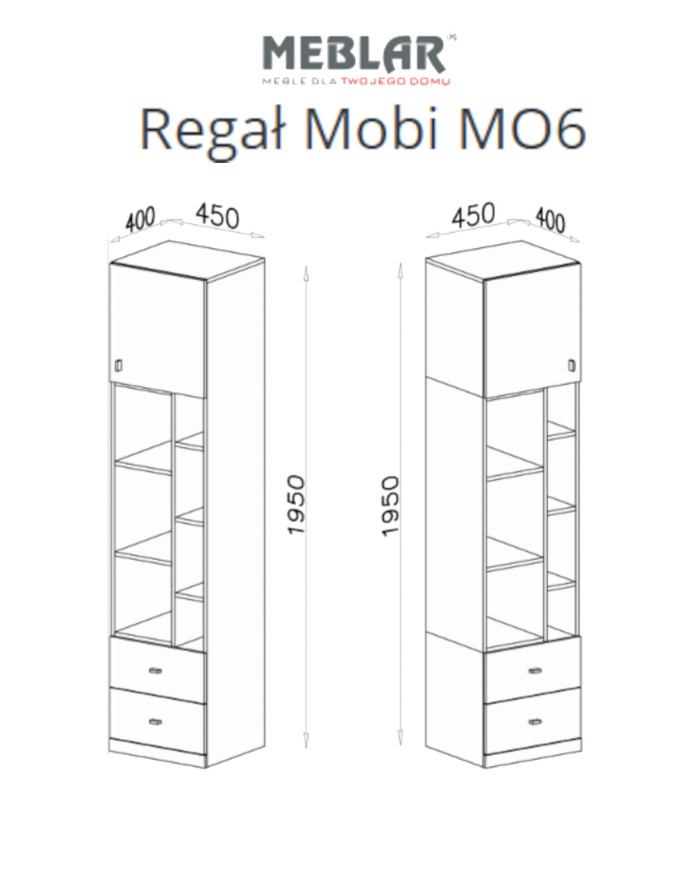 Regał Mobi MO6 z drzwiami, szufladą i półkami, Biały lux/ Turkus, MEBLAR