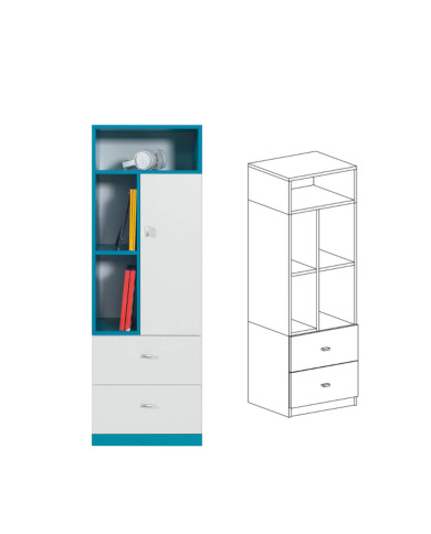 Regał niski Mobi MO7 z drzwiami, szufladami i półkami, Biały lux/ Turkus, MEBLAR