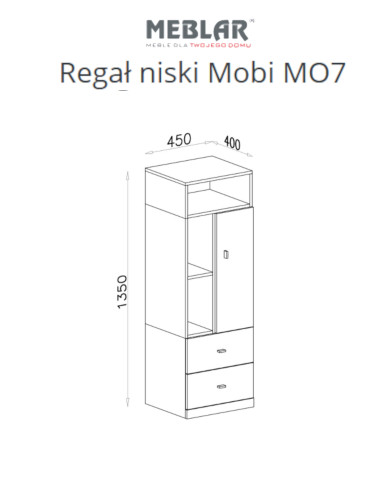 Regał niski Mobi MO7 z drzwiami, szufladami i półkami, Biały lux/ Turkus, MEBLAR