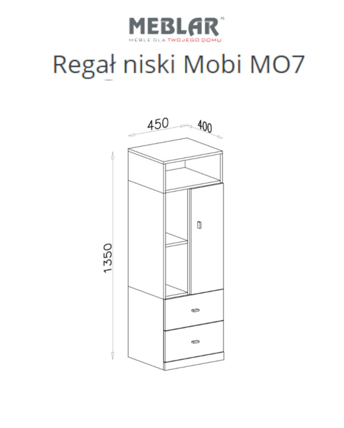 Regał niski Mobi MO7 z drzwiami, szufladami i półkami, Biały lux/ Turkus, MEBLAR