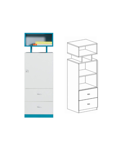 Regał niski Mobi MO8 z drzwiami, szufladami i półkami, Biały lux/ Turkus, MEBLAR