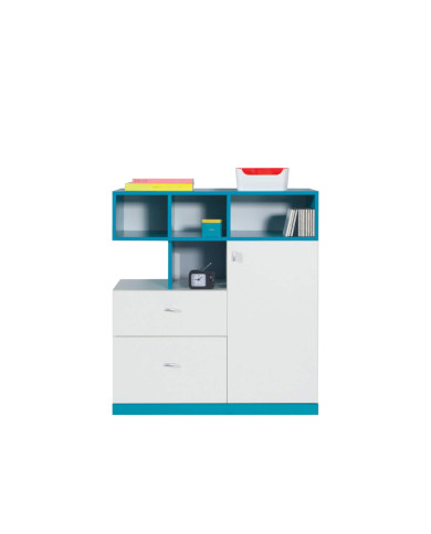 Komoda Mobi MO9, szuflady, drzwi, wnęki regałowe, Biały lux/ Turkus, MEBLAR