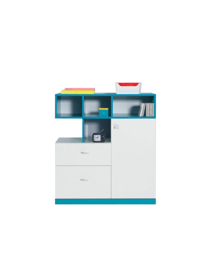 Komoda Mobi MO9, szuflady, drzwi, wnęki regałowe, Biały lux/ Turkus, MEBLAR