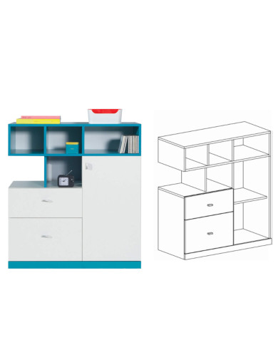 Komoda Mobi MO9, szuflady, drzwi, wnęki regałowe, Biały lux/ Turkus, MEBLAR
