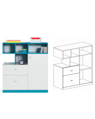 Komoda Mobi MO9, szuflady, drzwi, wnęki regałowe, Biały lux/ Turkus, MEBLAR