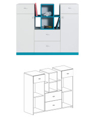 Komoda Mobi MO10, szuflady, drzwi, wnęki regałowe, Biały lux/ Turkus, MEBLAR