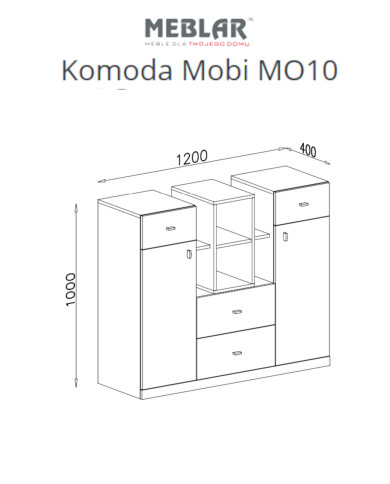 Komoda Mobi MO10, szuflady, drzwi, wnęki regałowe, Biały lux/ Turkus, MEBLAR