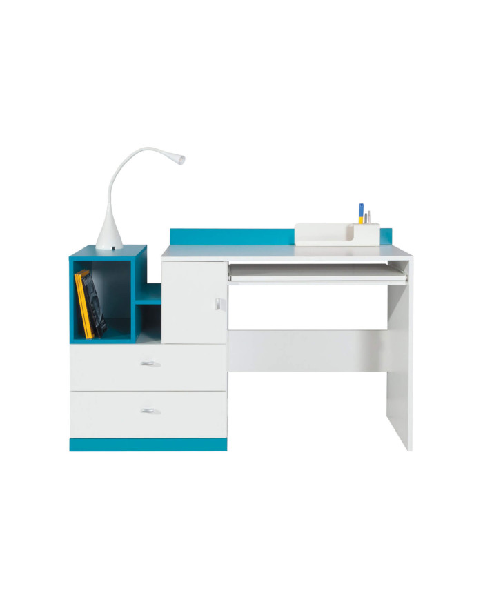 Biurko Mobi MO11, szuflady, półki, drzwiczki, Biały lux/ Turkus, MEBLAR