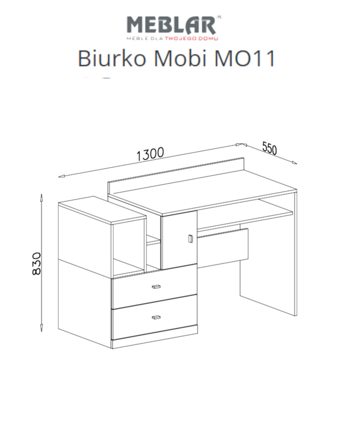 Biurko Mobi MO11, szuflady, półki, drzwiczki, Biały lux/ Turkus, MEBLAR