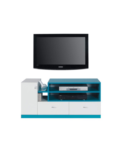 Szafka RTV Mobi MO12, z drzwiami, szufladami, półkami, Biały lux/ Turkus, MEBLAR