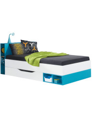 Łóżko Mobi MO18, powierzchnia 90x200 cm, szuflada, wnęki regałowe, Biały lux/ Turkus, MEBLAR