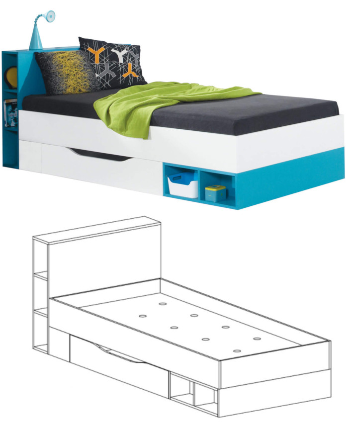 Łóżko Mobi MO18, powierzchnia 90x200 cm, szuflada, wnęki regałowe, Biały lux/ Turkus, MEBLAR