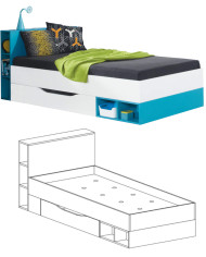 Łóżko Mobi MO18, powierzchnia 90x200 cm, szuflada, wnęki regałowe, Biały lux/ Turkus, MEBLAR