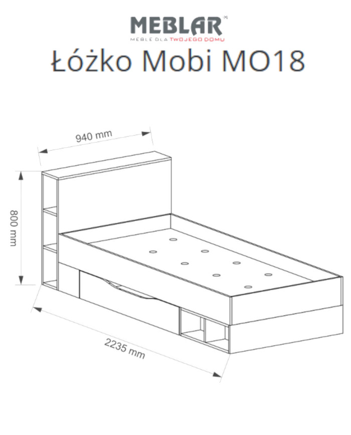 Łóżko Mobi MO18, powierzchnia 90x200 cm, szuflada, wnęki regałowe, Biały lux/ Turkus, MEBLAR