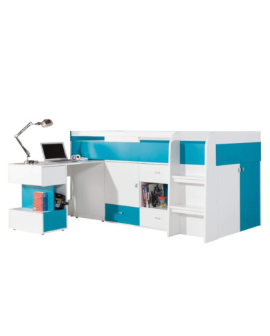Łóżko piętrowe Mobi MO21, z wysuwanym biurkiem i szafkami, Biały lux/ Turkus, MEBLAR