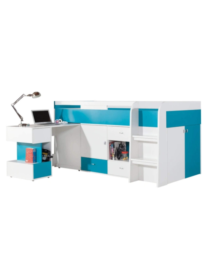 Łóżko piętrowe Mobi MO21, z wysuwanym biurkiem i szafkami, Biały lux/ Turkus, MEBLAR
