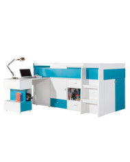 Łóżko piętrowe Mobi MO21, z wysuwanym biurkiem i szafkami, Biały lux/ Turkus, MEBLAR