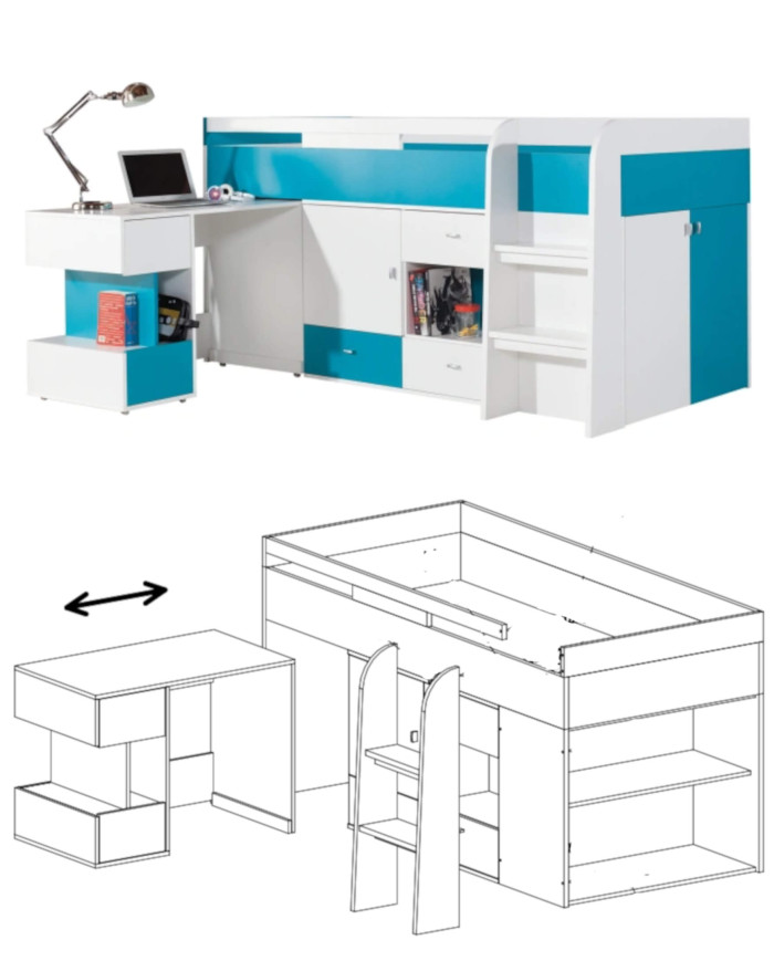 Łóżko piętrowe Mobi MO21, z wysuwanym biurkiem i szafkami, Biały lux/ Turkus, MEBLAR