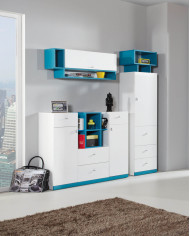 Szafa Mobi MO2, dwudrzwiowa z szufladami i regałem, Biały lux/ Turkus, MEBLAR