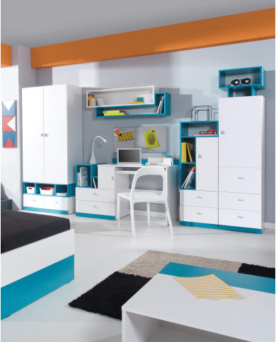 Regał Mobi MO3 z drzwiami, wnęką i szufladami, Biały lux/ Turkus, MEBLAR