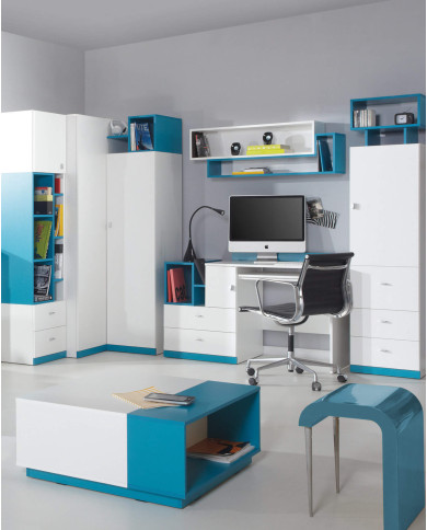 Regał Mobi MO4 z drzwiami, szufladami i półką regałową, Biały lux/ Turkus, MEBLAR