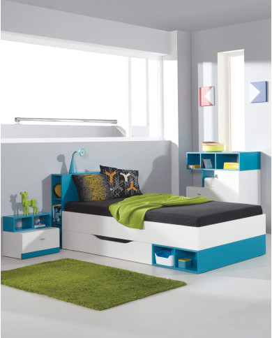 Regał niski Mobi MO7 z drzwiami, szufladami i półkami, Biały lux/ Turkus, MEBLAR