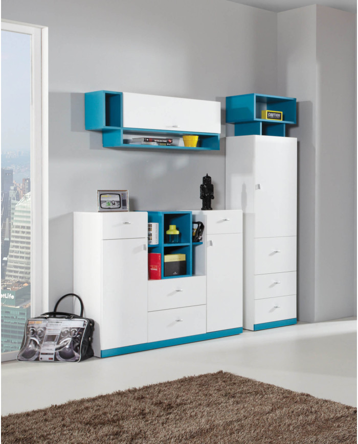 Komoda Mobi MO10, szuflady, drzwi, wnęki regałowe, Biały lux/ Turkus, MEBLAR