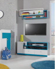 Komoda Mobi MO10, szuflady, drzwi, wnęki regałowe, Biały lux/ Turkus, MEBLAR