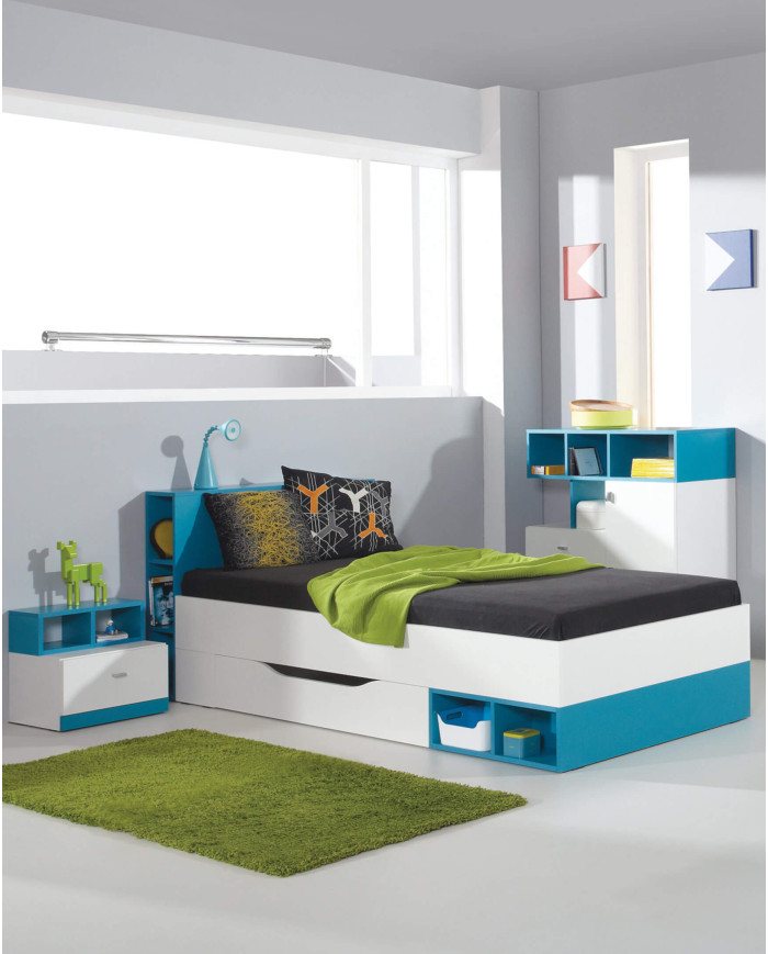 Biurko Mobi MO11, szuflady, półki, drzwiczki, Biały lux/ Turkus, MEBLAR