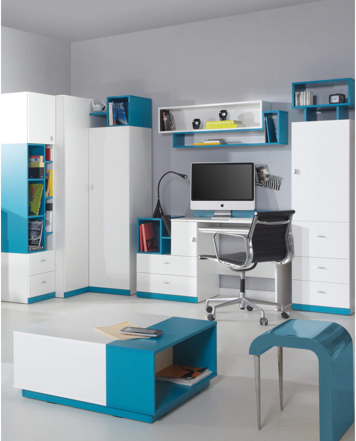 Łóżko piętrowe Mobi MO21, z wysuwanym biurkiem i szafkami, Biały lux/ Turkus, MEBLAR