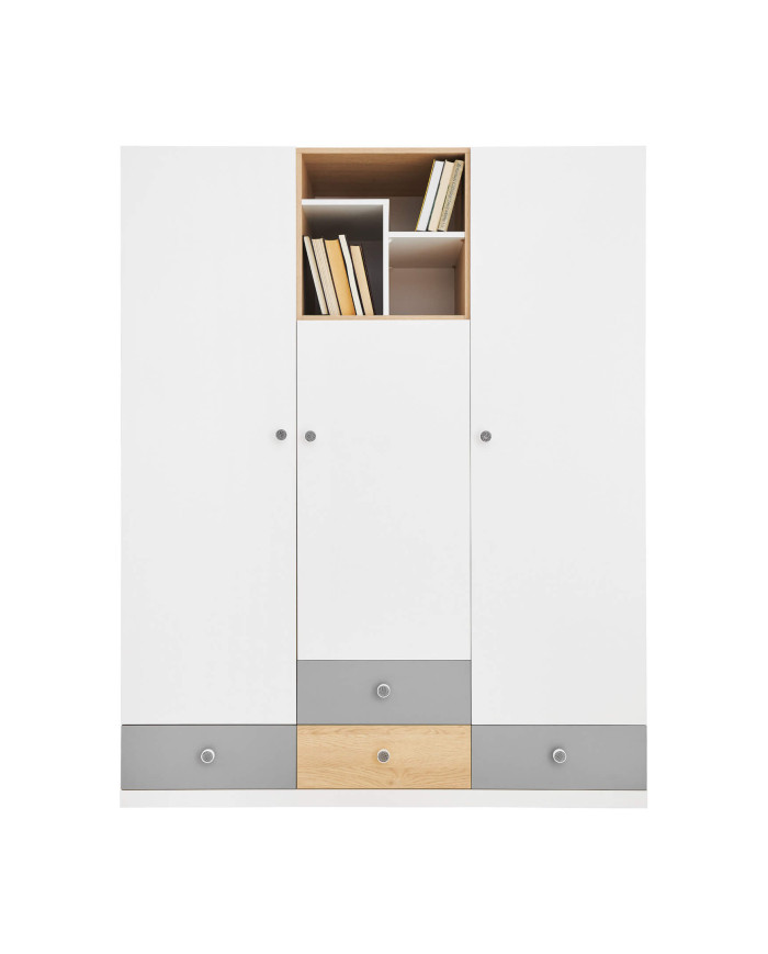Szafa Pixel PX1, trzydrzwiowa z szufladami i wnękami regałowymi, Dąb biszkoptowy/ Biały lux/ Szary, MEBLAR