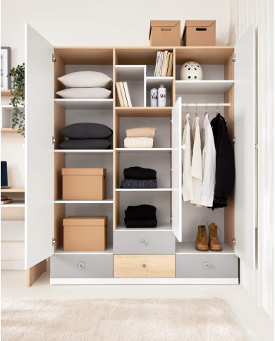 Szafa Pixel PX1, trzydrzwiowa z szufladami i wnękami regałowymi, Dąb biszkoptowy/ Biały lux/ Szary, MEBLAR