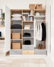 Szafa Pixel PX1, trzydrzwiowa z szufladami i wnękami regałowymi, Dąb biszkoptowy/ Biały lux/ Szary, MEBLAR