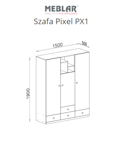 Szafa Pixel PX1, trzydrzwiowa z szufladami i wnękami regałowymi, Dąb biszkoptowy/ Biały lux/ Szary, MEBLAR