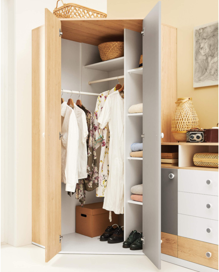 Szafa narożna Pixel PX2, dwudrzwiowa, Dąb biszkoptowy/ Biały lux/ Szary, MEBLAR