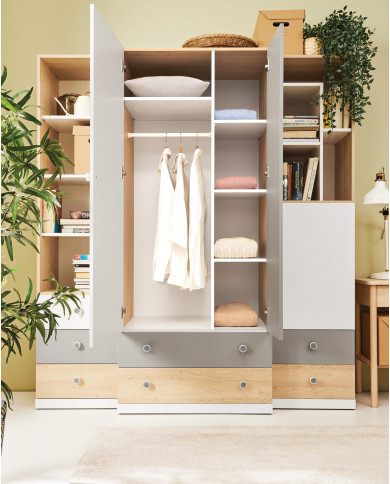 Szafa Pixel PX3, dwudrzwiowa z szufladami, Dąb biszkoptowy/ Biały lux/ Szary, MEBLAR