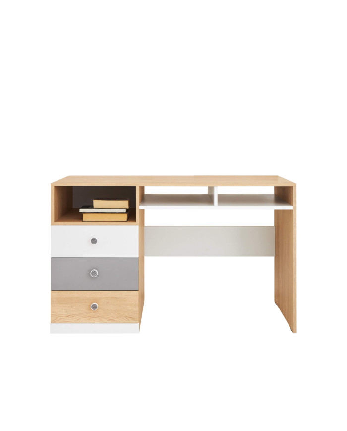 Biurko Pixel PX8, szuflady, półki, Dąb biszkoptowy/ Biały lux/ Szary, MEBLAR