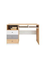 Biurko Pixel PX8, szuflady, półki, Dąb biszkoptowy/ Biały lux/ Szary, MEBLAR