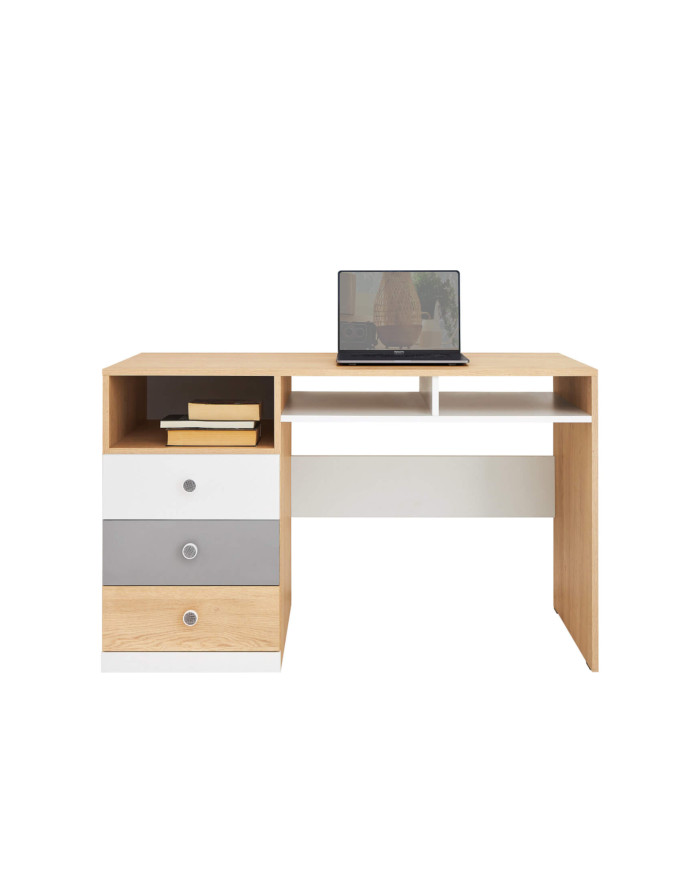 Biurko Pixel PX8, szuflady, półki, Dąb biszkoptowy/ Biały lux/ Szary, MEBLAR