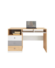 Biurko Pixel PX8, szuflady, półki, Dąb biszkoptowy/ Biały lux/ Szary, MEBLAR