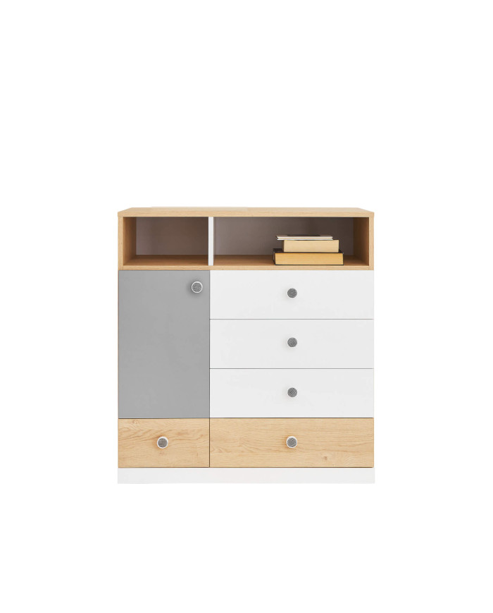 Komoda Pixel PX9, drzwi, szuflady, wnęki regałowe, Dąb biszkoptowy/ Biały lux/ Szary, MEBLAR